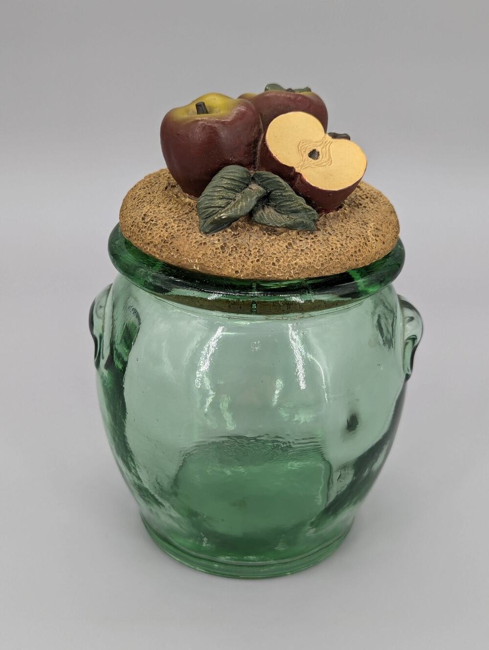 Green Embossed Kitchen Glass Storage Jar With Decorative Apples Cork Lid 7"